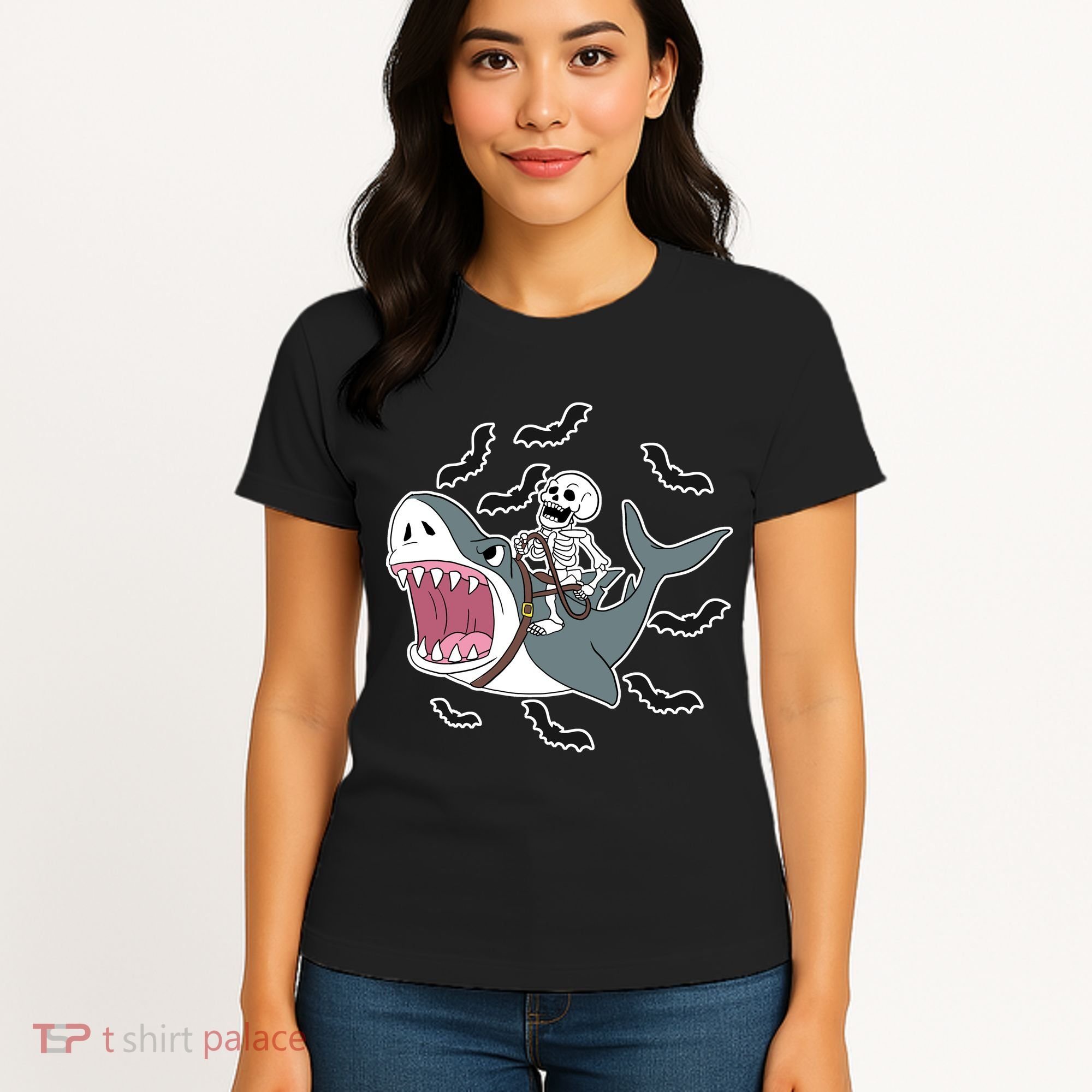 Skeleton Riding Shark Funny Halloween Women's T-Shirt