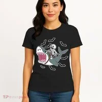 Skeleton Riding Shark Funny Halloween Women's T-Shirt thumb 4