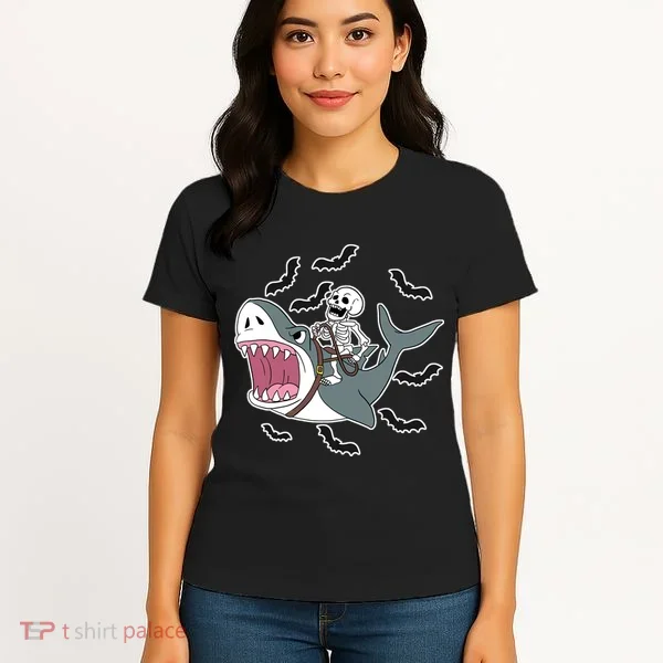 Skeleton Riding Shark Funny Halloween Women's T-Shirt
