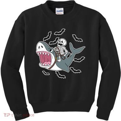 Skeleton Riding Shark Funny Halloween Kids Sweatshirt