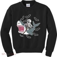 Skeleton Riding Shark Funny Halloween Kids Sweatshirt thumb 0