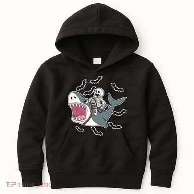Skeleton Riding Shark Funny Halloween Kids Hoodie