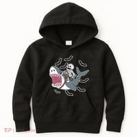 Skeleton Riding Shark Funny Halloween Kids Hoodie thumb 0