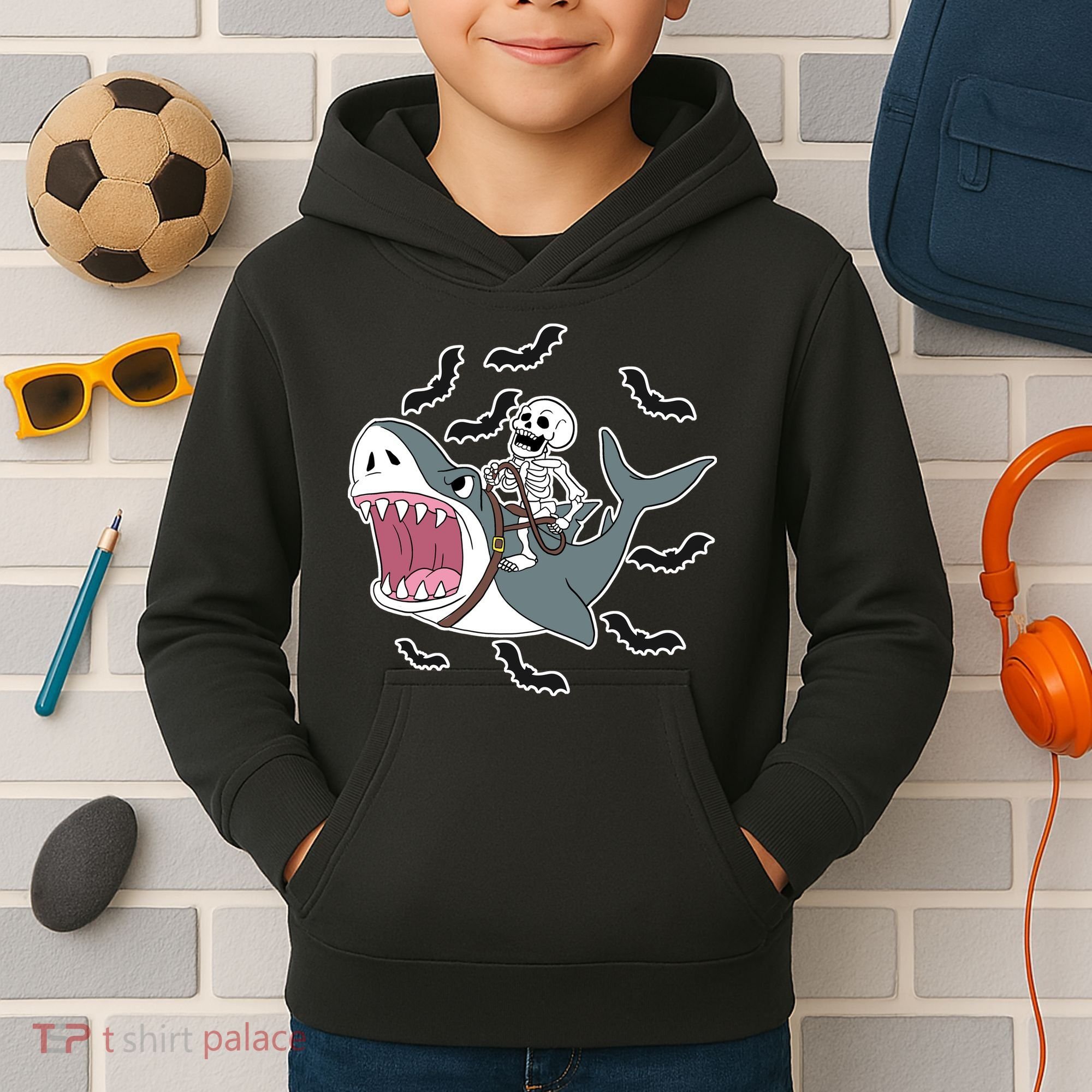 Skeleton Riding Shark Funny Halloween Kids Hoodie
