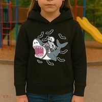 Skeleton Riding Shark Funny Halloween Kids Hoodie thumb 3