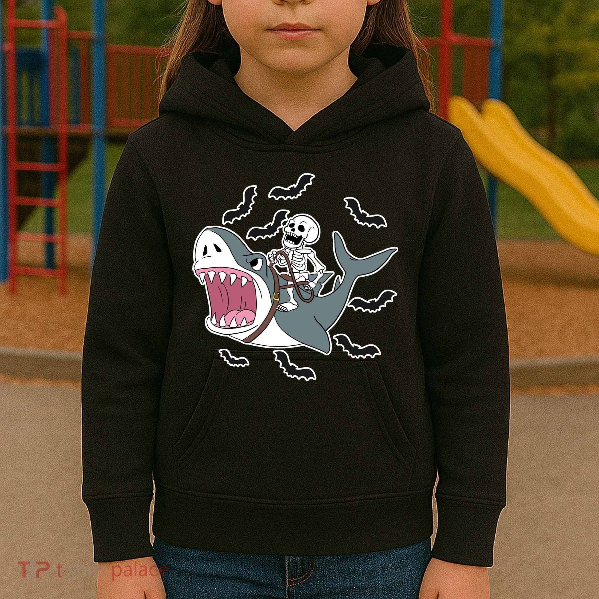 Skeleton Riding Shark Funny Halloween Kids Hoodie
