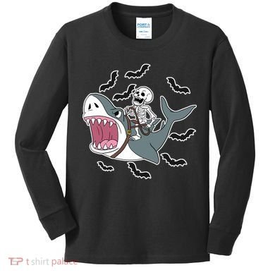 Skeleton Riding Shark Funny Halloween Kids Long Sleeve Shirt