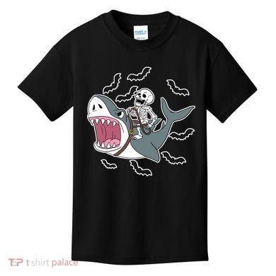 Skeleton Riding Shark Funny Halloween Kids T-Shirt