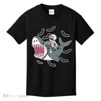 Skeleton Riding Shark Funny Halloween Kids T-Shirt thumb 0