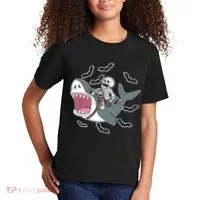 Skeleton Riding Shark Funny Halloween Kids T-Shirt thumb 2