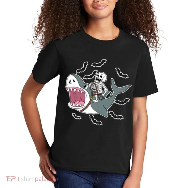 Skeleton Riding Shark Funny Halloween Kids T-Shirt