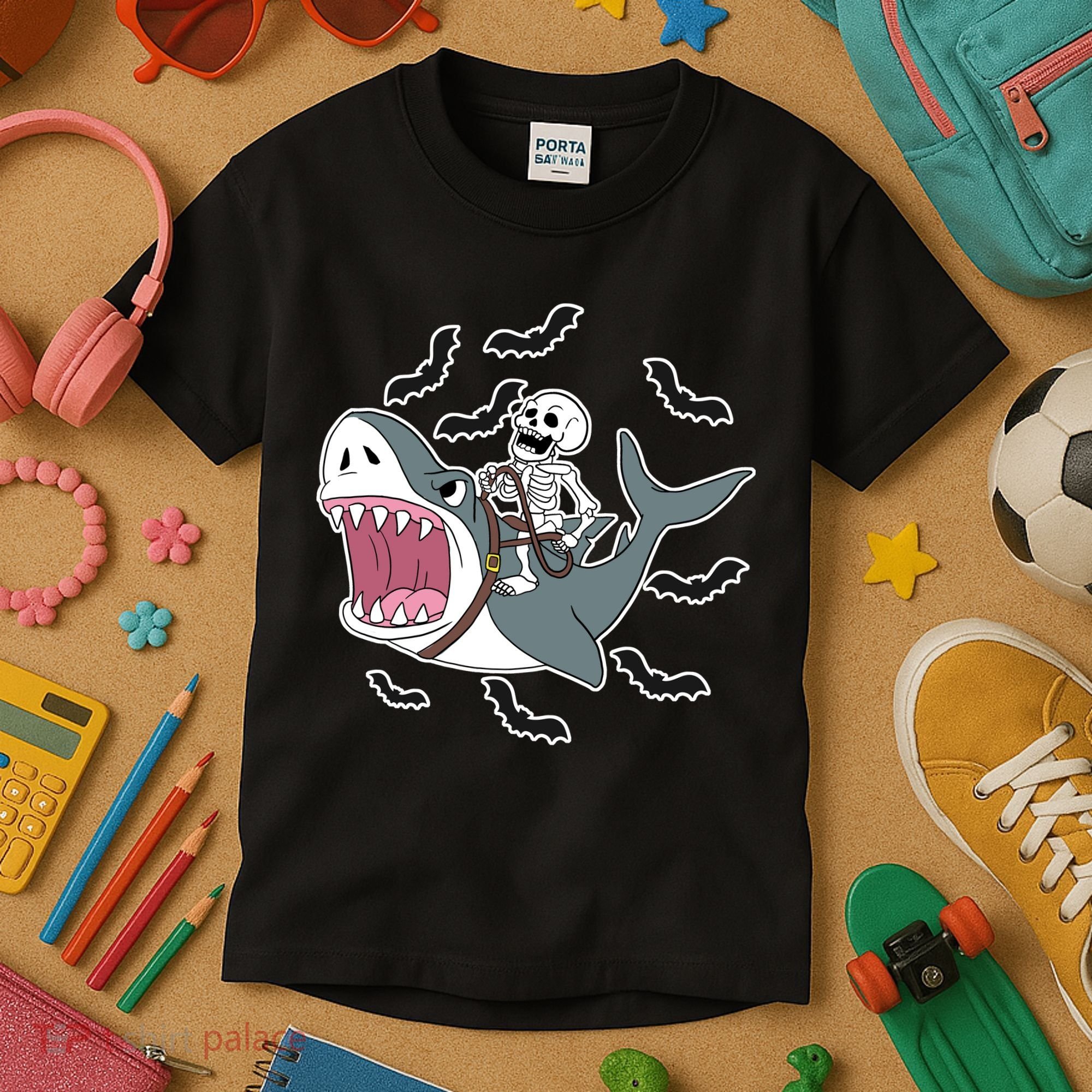 Skeleton Riding Shark Funny Halloween Kids T-Shirt