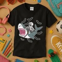 Skeleton Riding Shark Funny Halloween Kids T-Shirt thumb 3