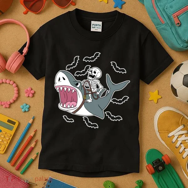 Skeleton Riding Shark Funny Halloween Kids T-Shirt