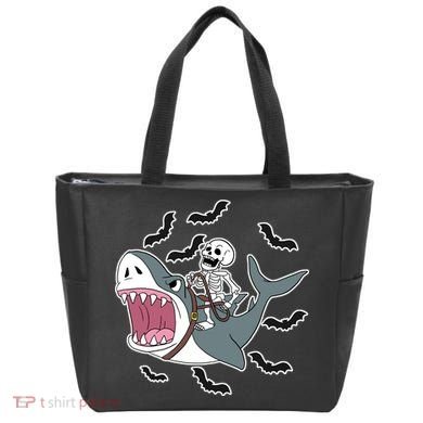 Skeleton Riding Shark Funny Halloween Tote Bag