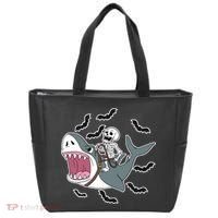 Skeleton Riding Shark Funny Halloween Tote Bag thumb 0