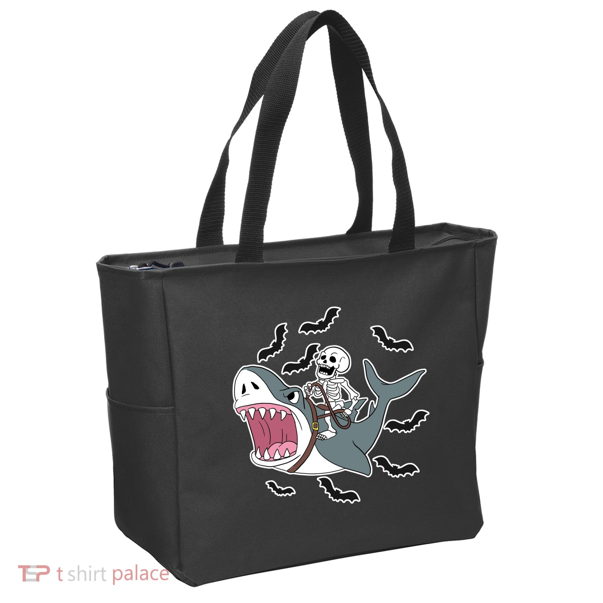 Skeleton Riding Shark Funny Halloween Tote Bag