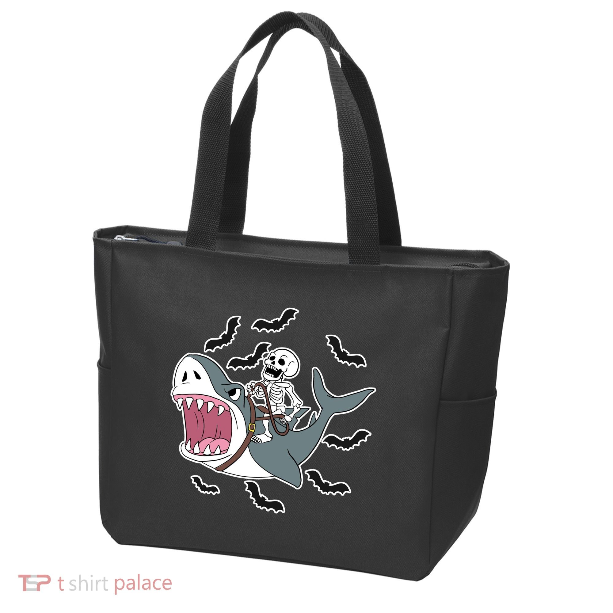 Skeleton Riding Shark Funny Halloween Tote Bag