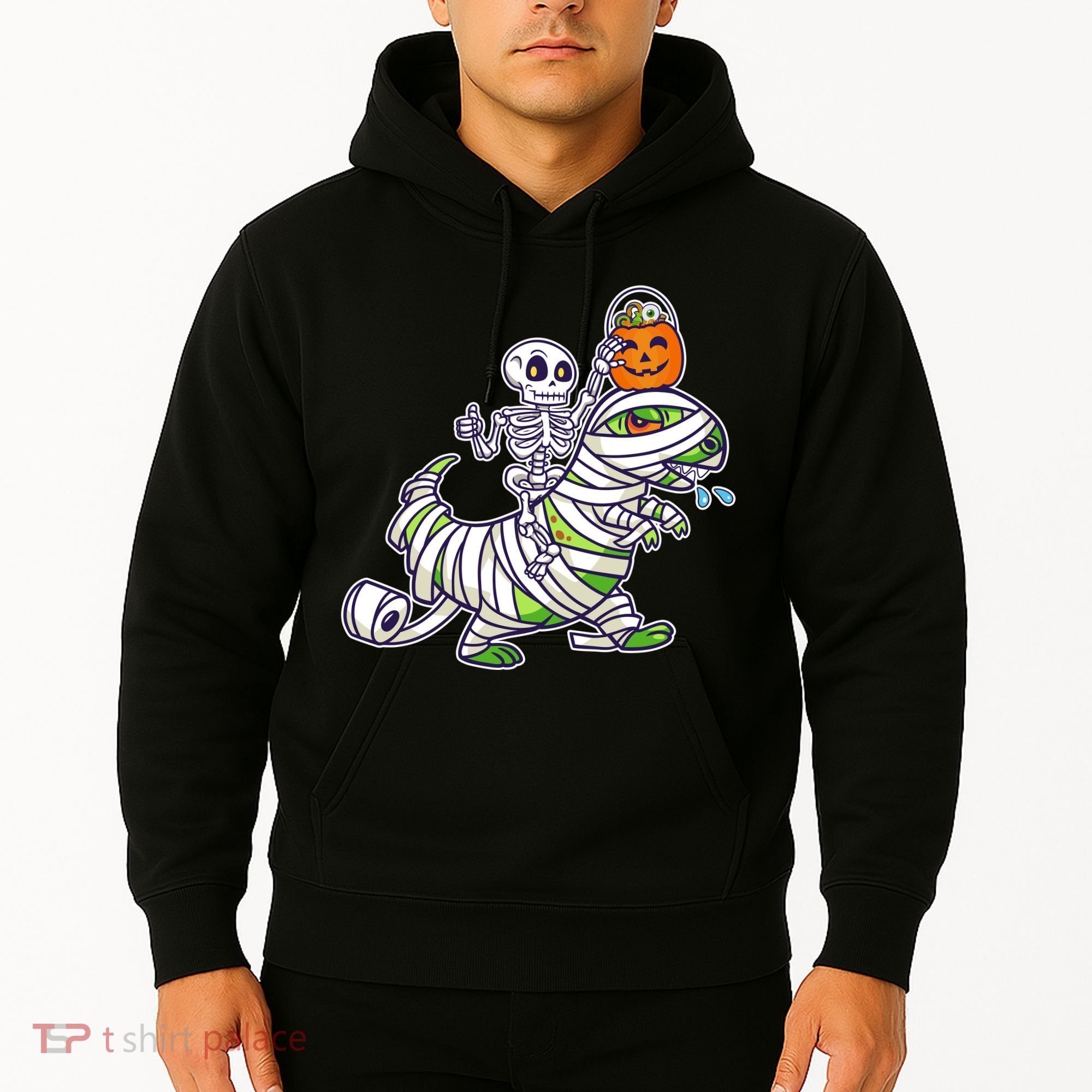 Skeleton Riding T-Rex Halloween Hoodie