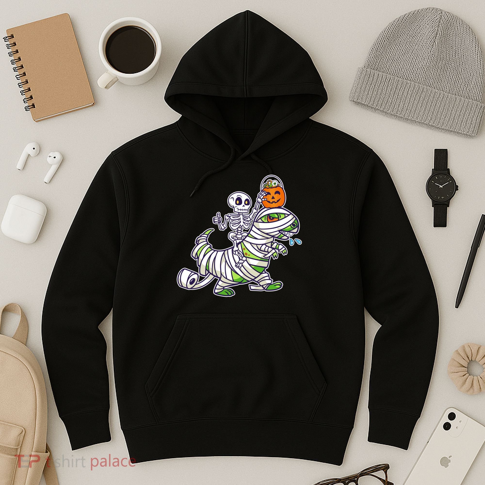 Skeleton Riding T-Rex Halloween Hoodie