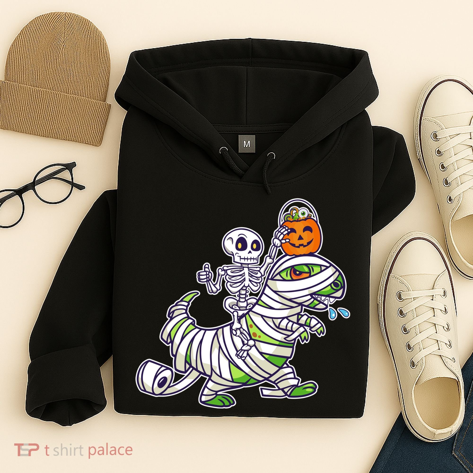 Skeleton Riding T-Rex Halloween Hoodie