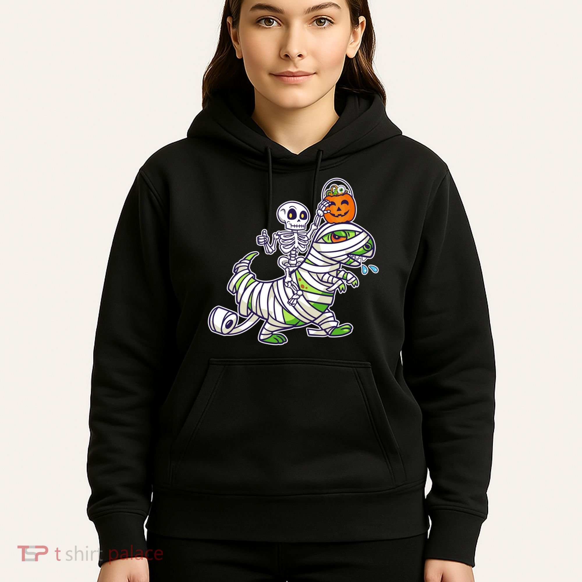 Skeleton Riding T-Rex Halloween Hoodie