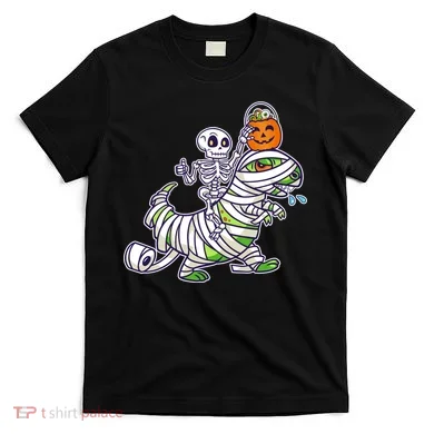 Skeleton Riding T-Rex Halloween T-Shirt