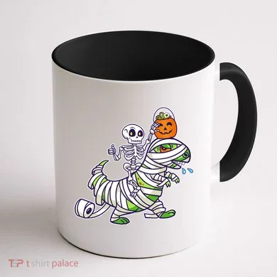 Skeleton Riding T-Rex Halloween Coffee Mug back