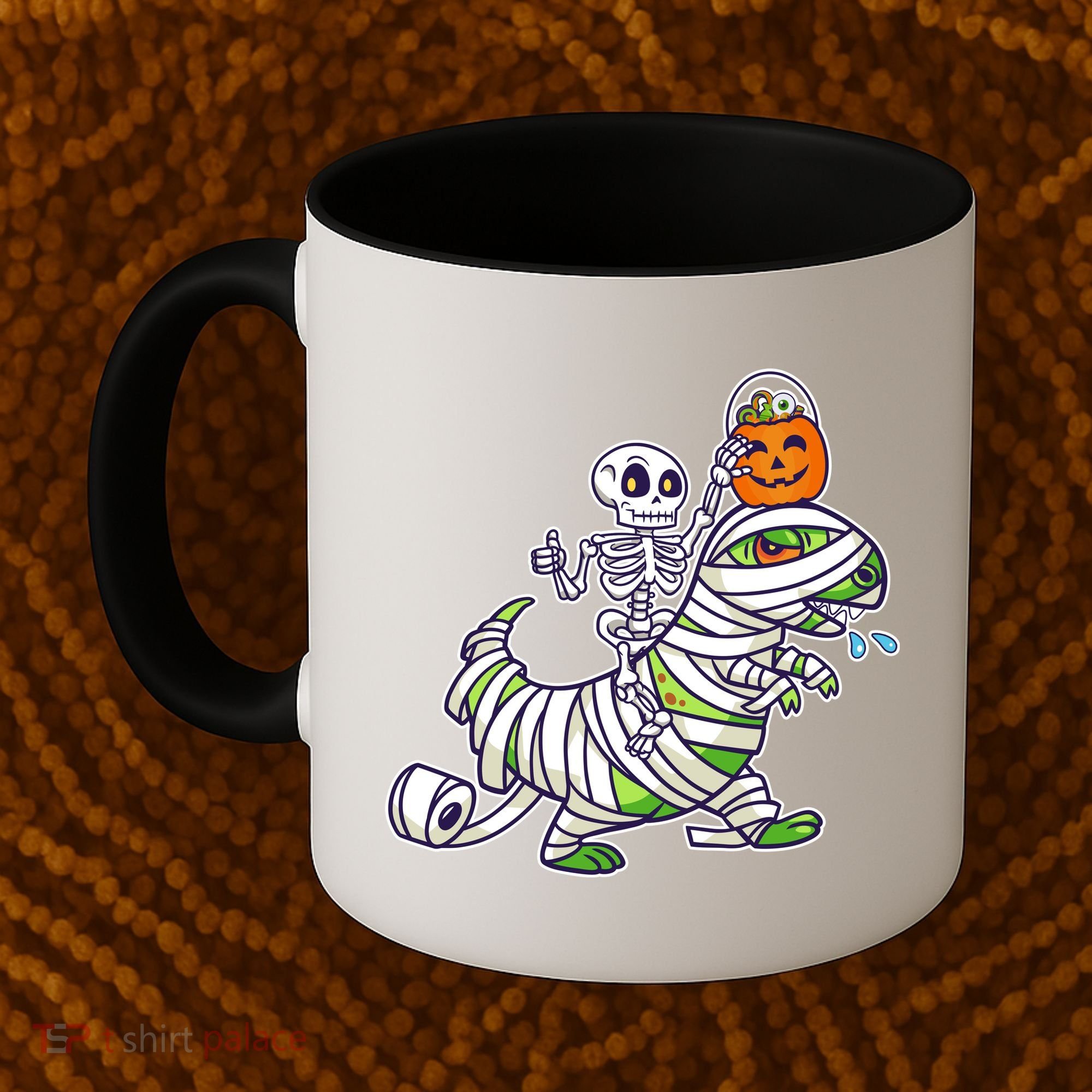 Skeleton Riding T-Rex Halloween Coffee Mug