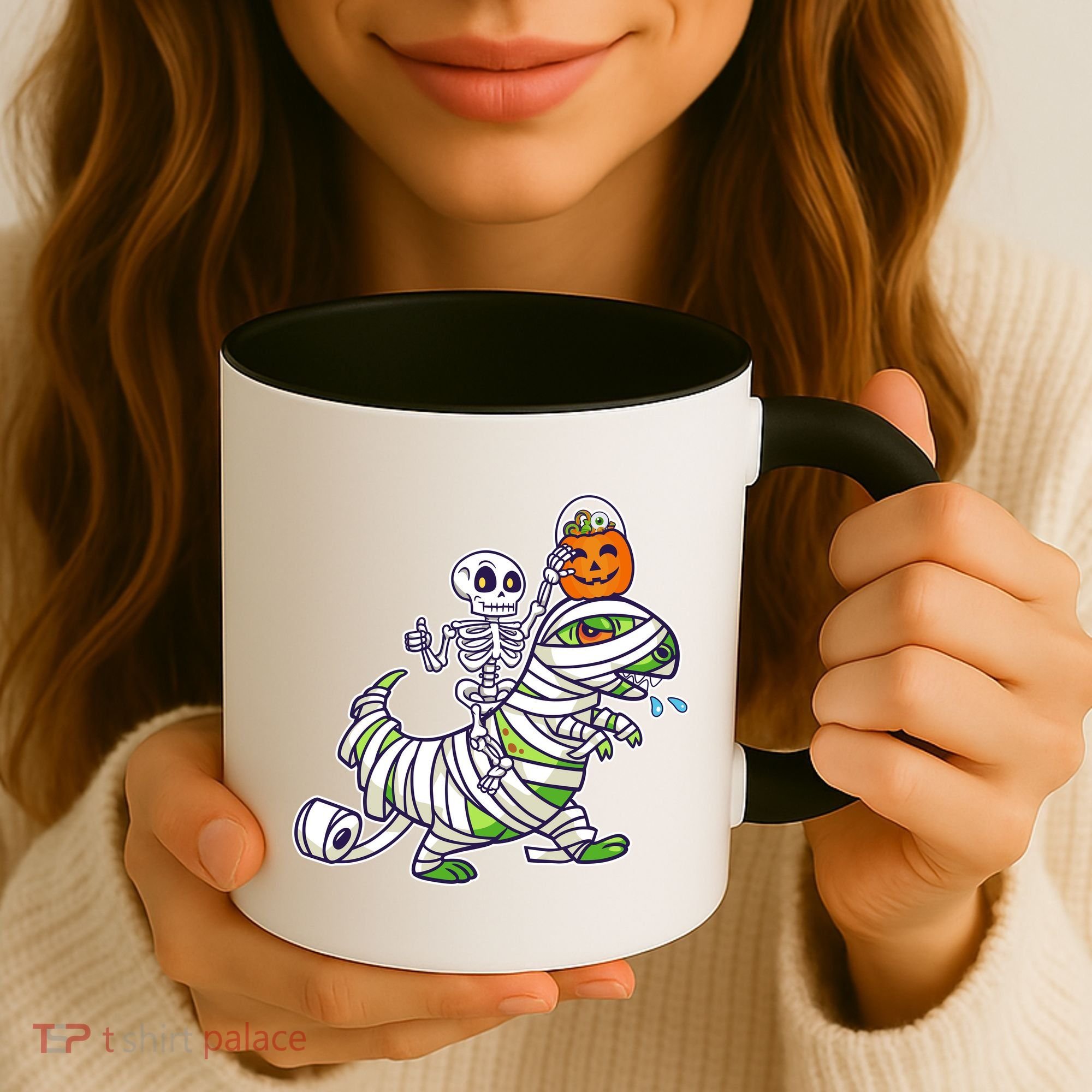 Skeleton Riding T-Rex Halloween Coffee Mug