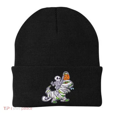 Skeleton Riding T-Rex Halloween Beanie