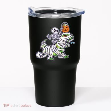 Skeleton Riding T-Rex Halloween Tumbler