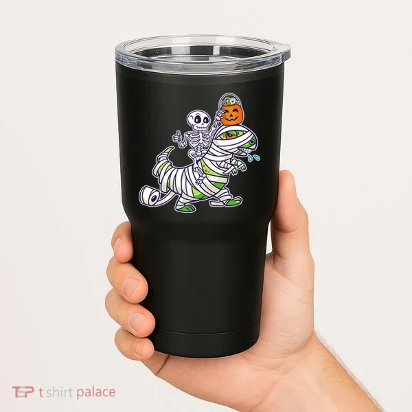 Skeleton Riding T-Rex Halloween Tumbler