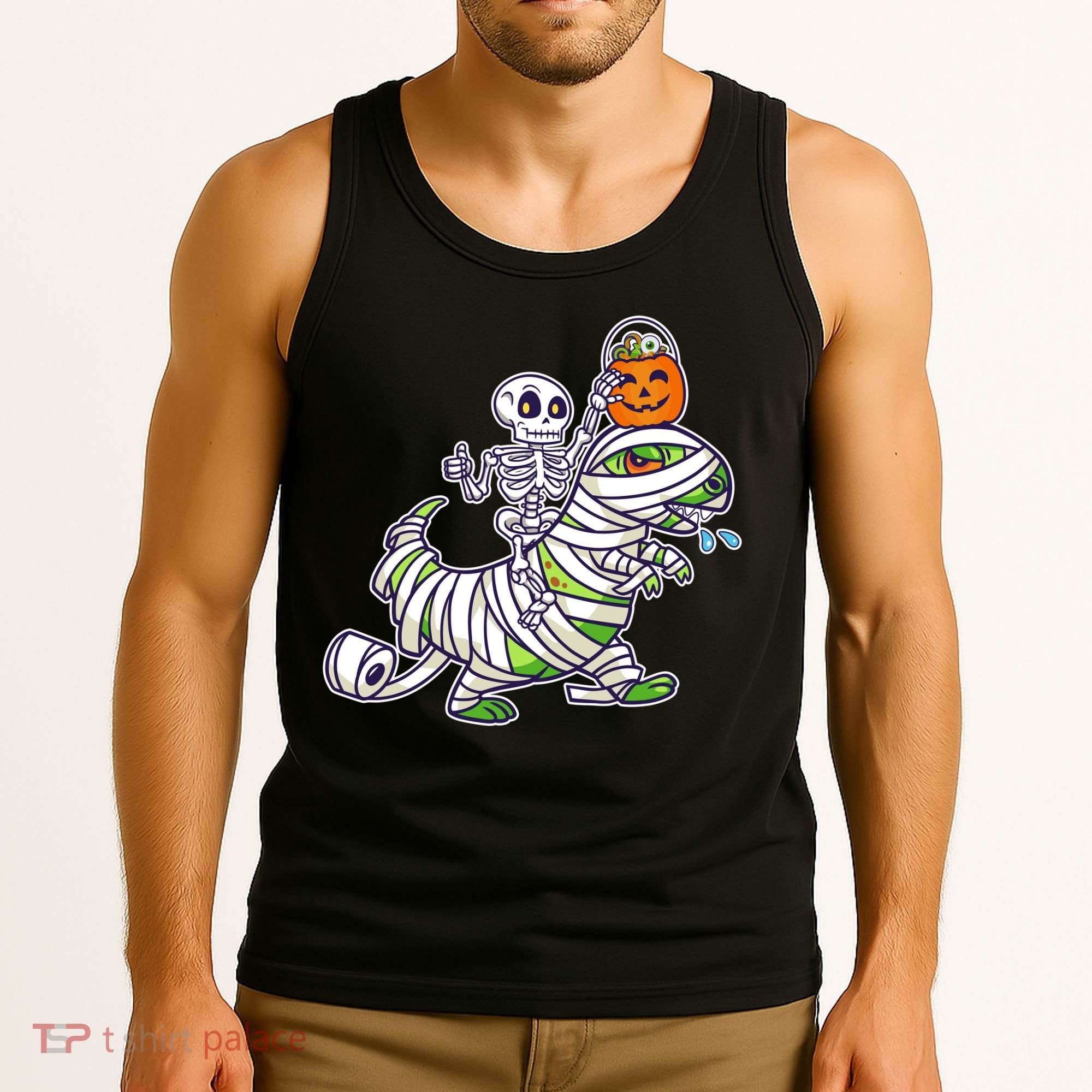 Skeleton Riding T-Rex Halloween Tank Top