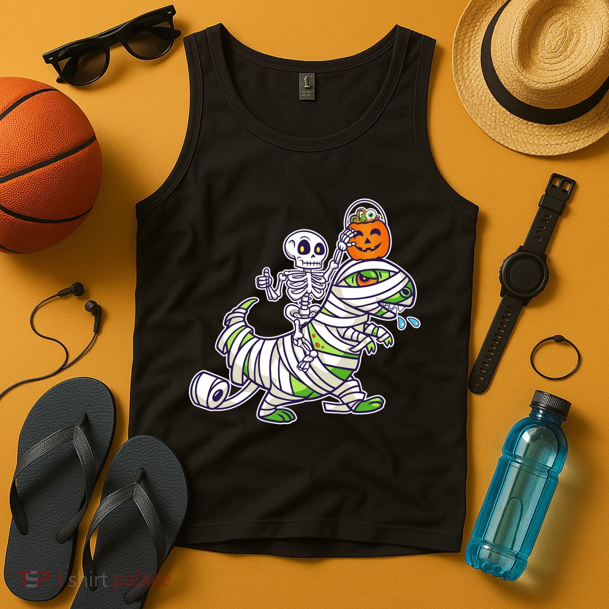 Skeleton Riding T-Rex Halloween Tank Top
