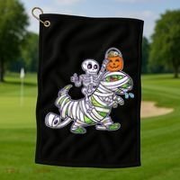 Skeleton Riding T-Rex Halloween Golf Towel thumb 1