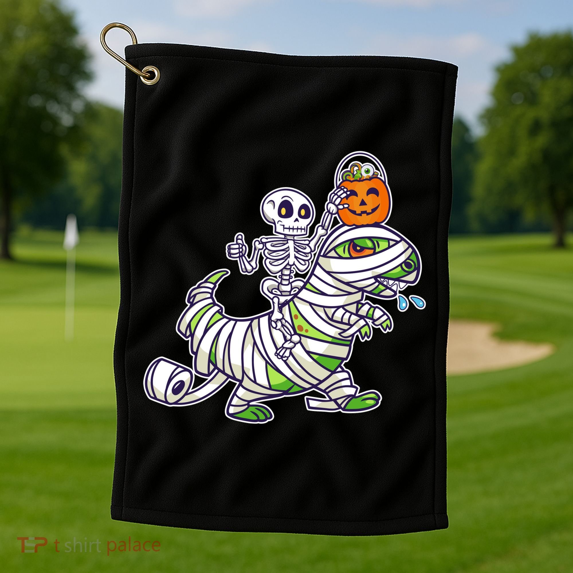 Skeleton Riding T-Rex Halloween Golf Towel