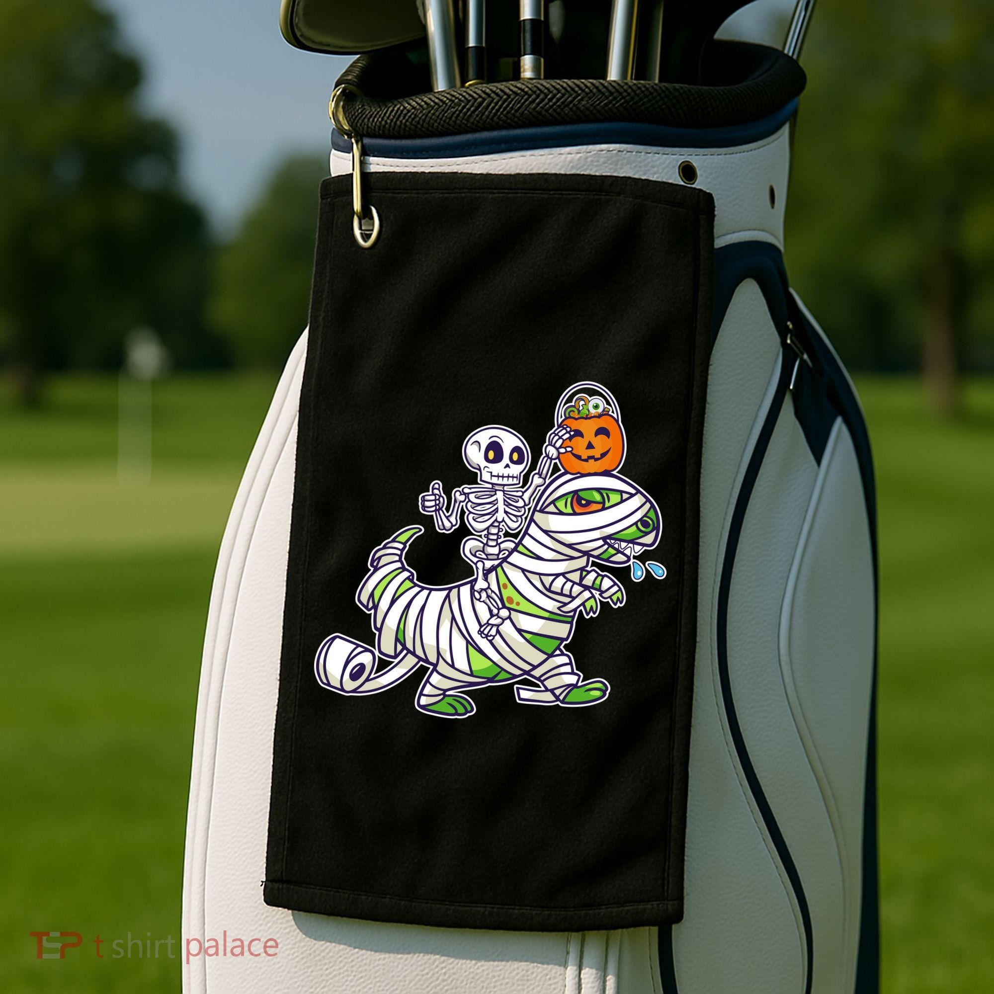 Skeleton Riding T-Rex Halloween Golf Towel
