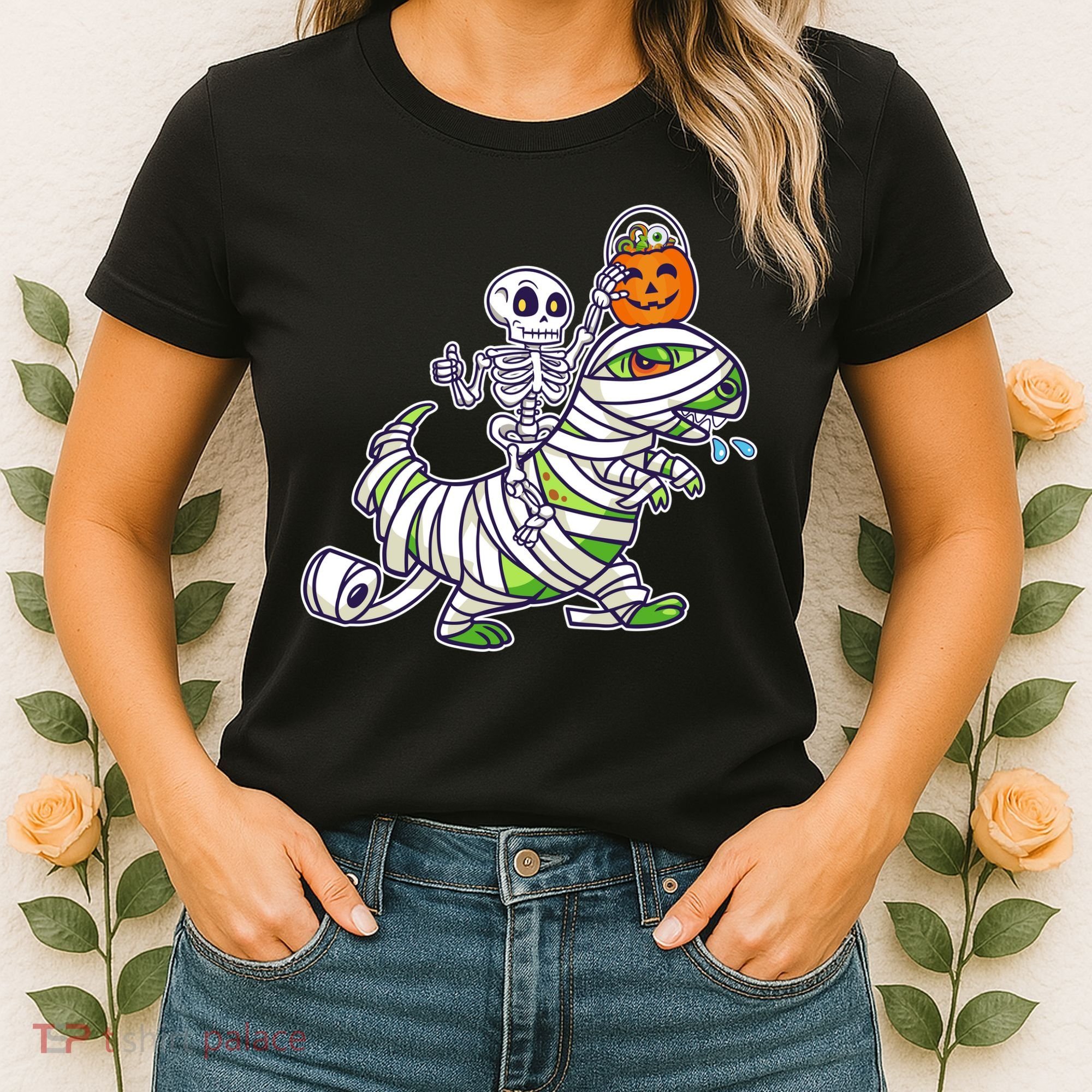 Skeleton Riding T-Rex Halloween Women's T-Shirt