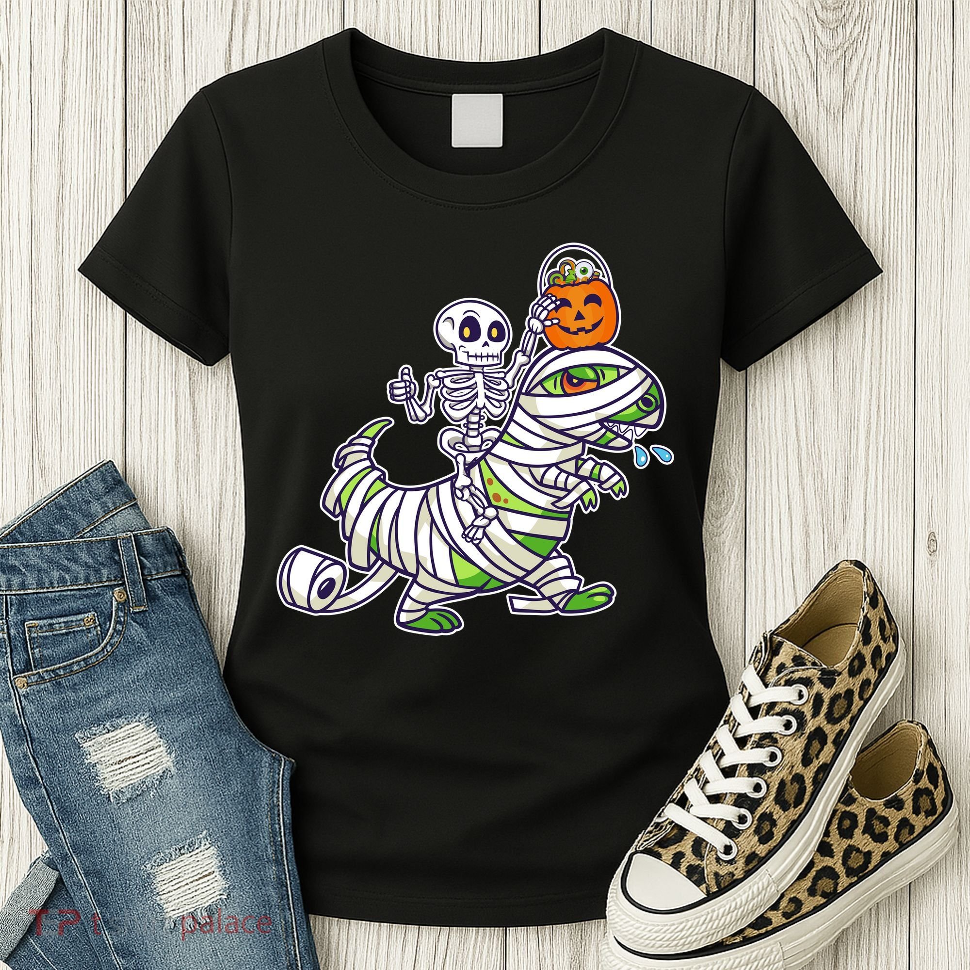 Skeleton Riding T-Rex Halloween Women's T-Shirt