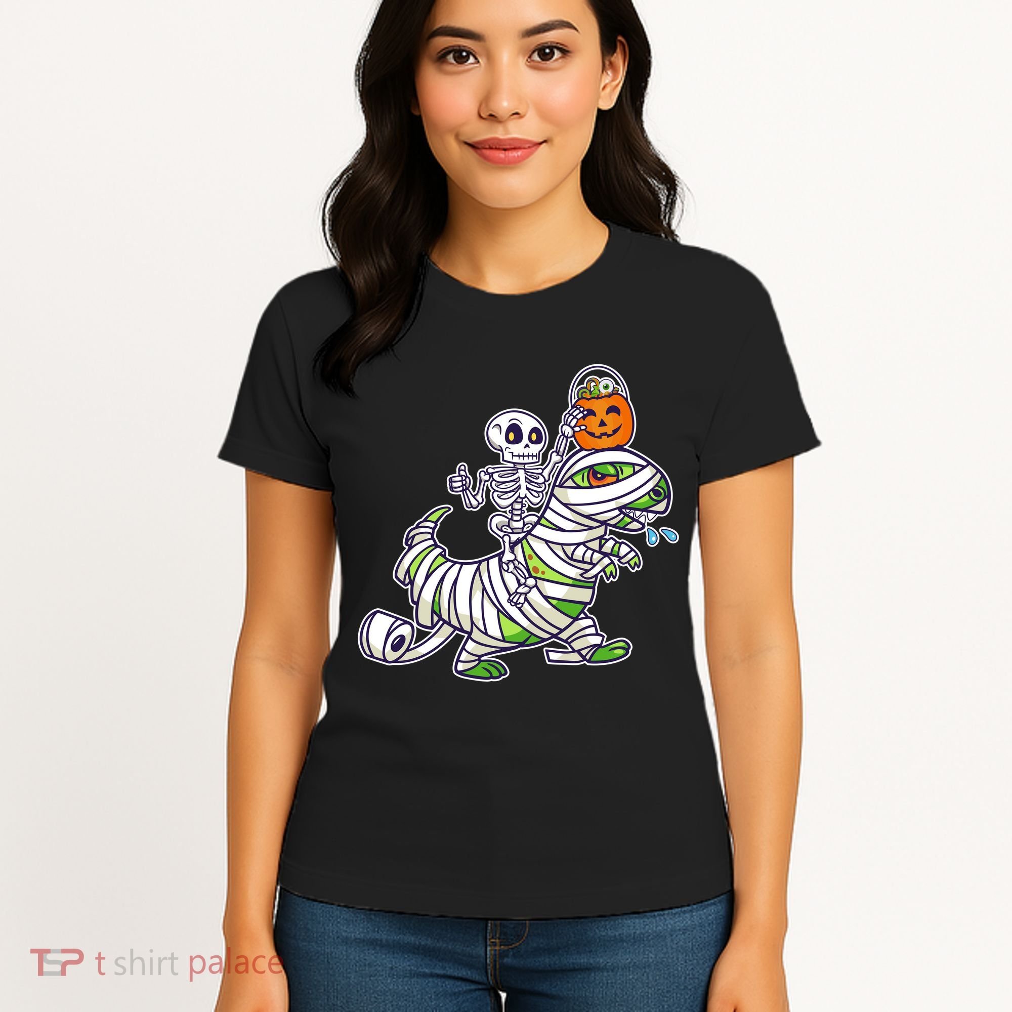 Skeleton Riding T-Rex Halloween Women's T-Shirt