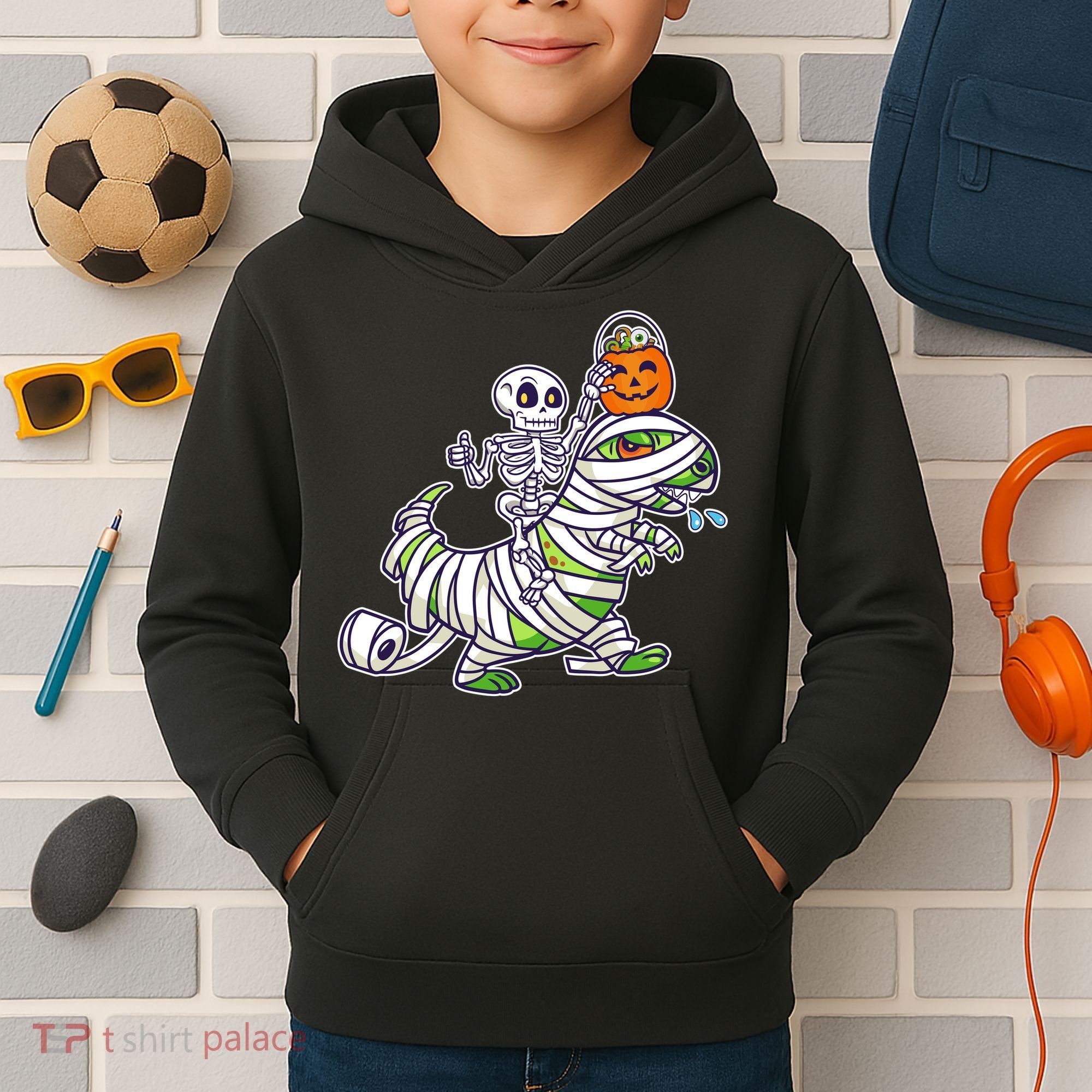 Skeleton Riding T-Rex Halloween Kids Hoodie