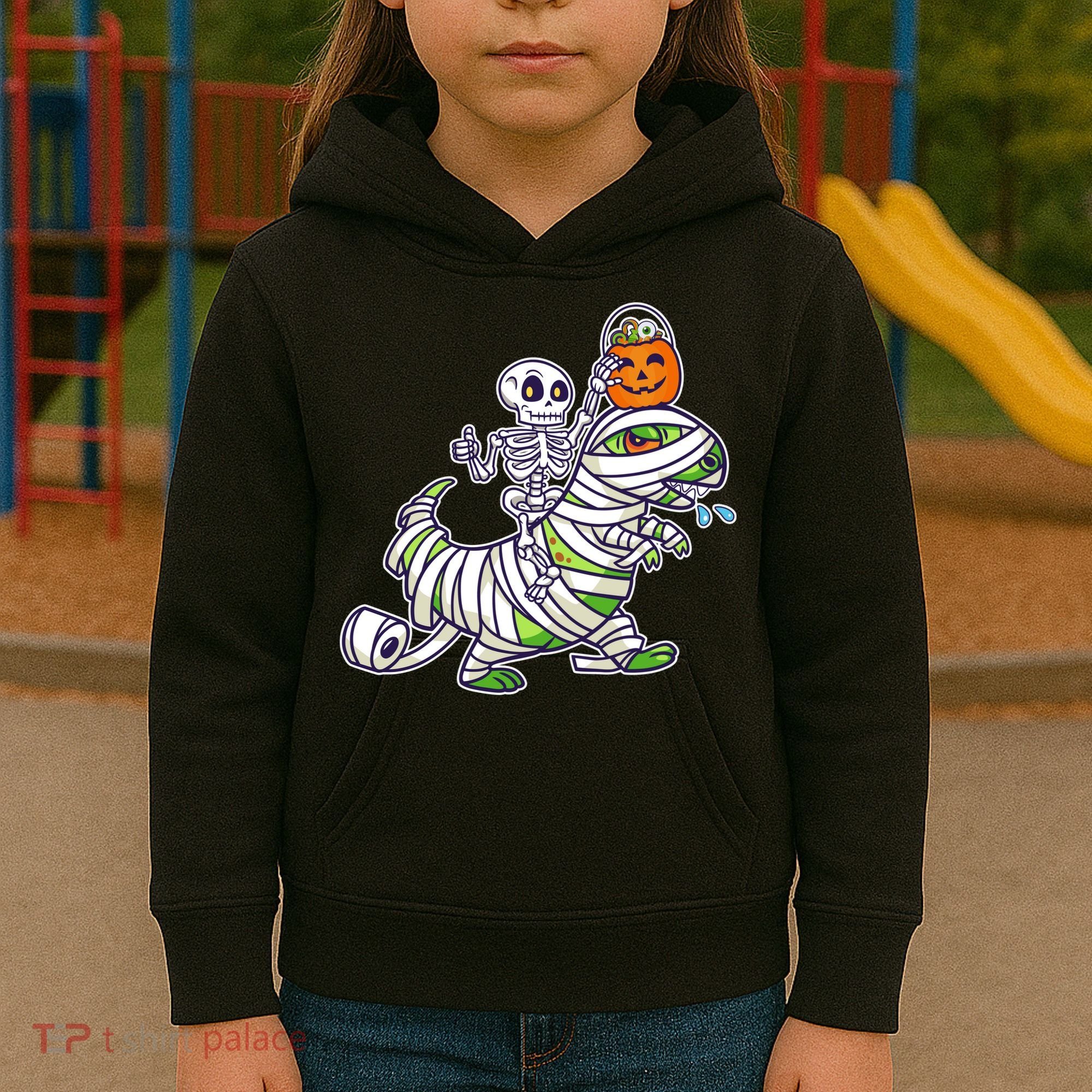 Skeleton Riding T-Rex Halloween Kids Hoodie