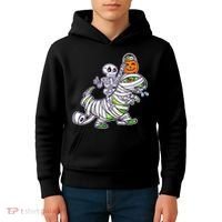 Skeleton Riding T-Rex Halloween Kids Hoodie thumb 4
