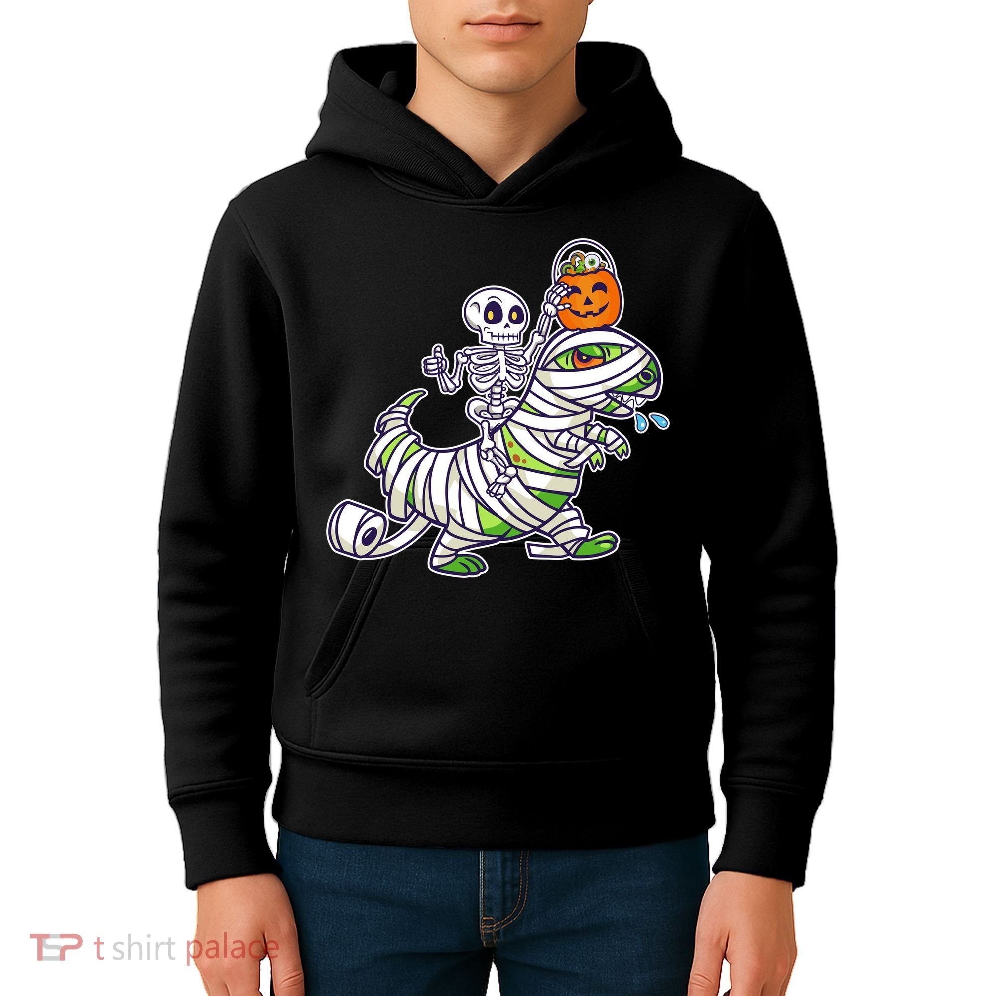 Skeleton Riding T-Rex Halloween Kids Hoodie