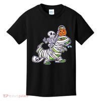 Skeleton Riding T-Rex Halloween Kids T-Shirt thumb 0