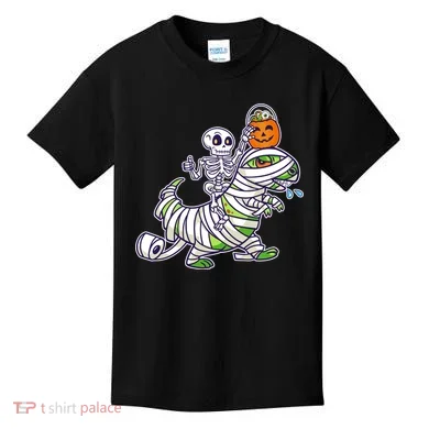 Skeleton Riding T-Rex Halloween Kids T-Shirt