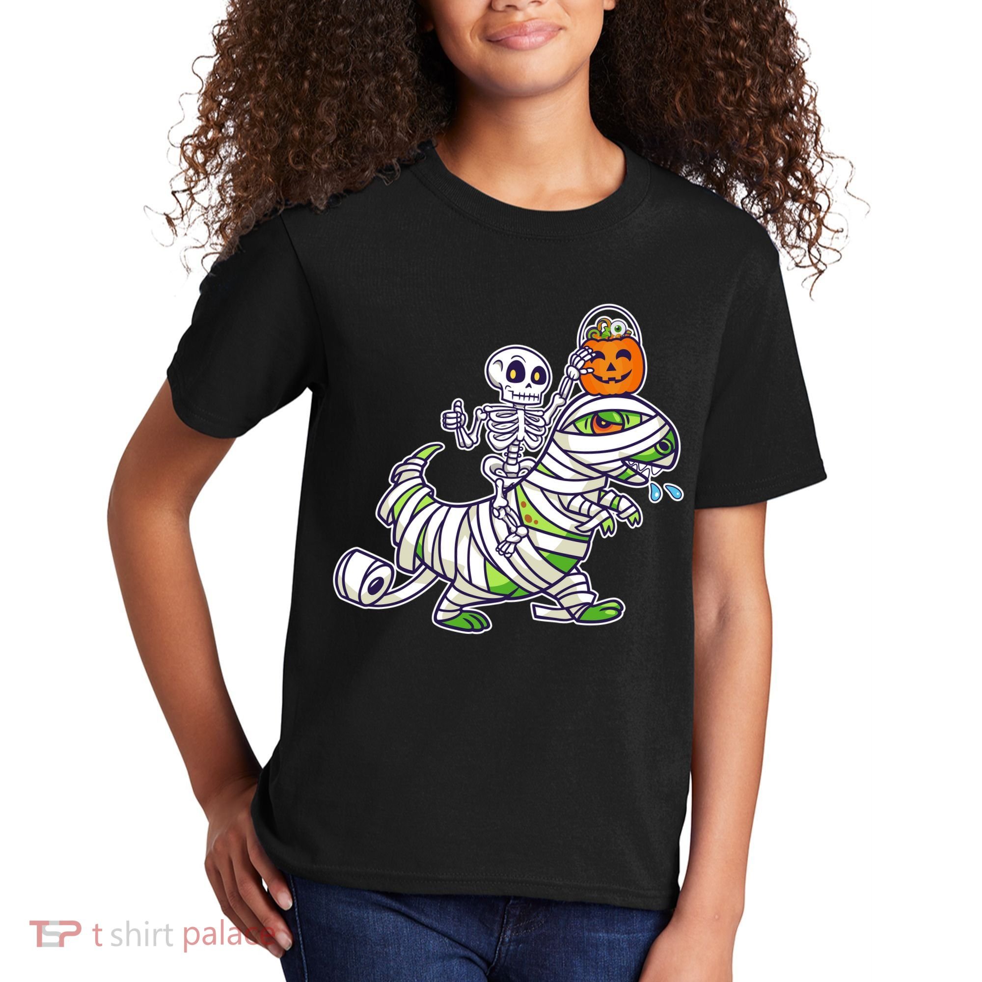 Skeleton Riding T-Rex Halloween Kids T-Shirt