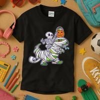 Skeleton Riding T-Rex Halloween Kids T-Shirt thumb 3