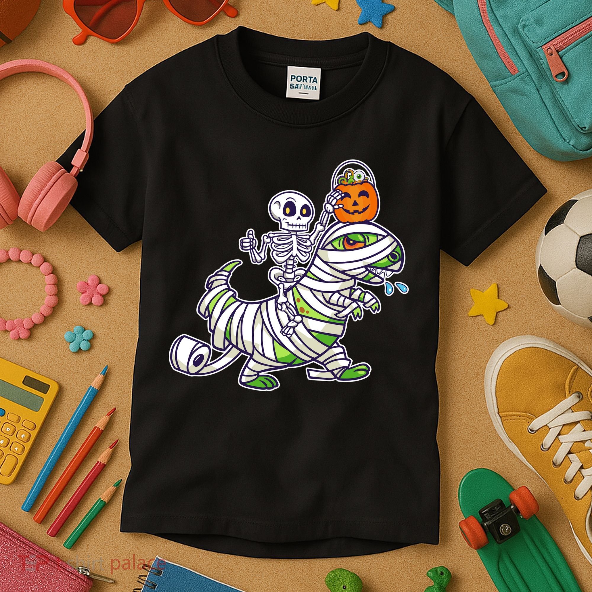 Skeleton Riding T-Rex Halloween Kids T-Shirt
